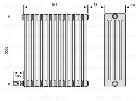 Схема (чертеж) Радиатор Zehnder Charleston 6300/14 №V004 Белый глянцевый RAL 9016